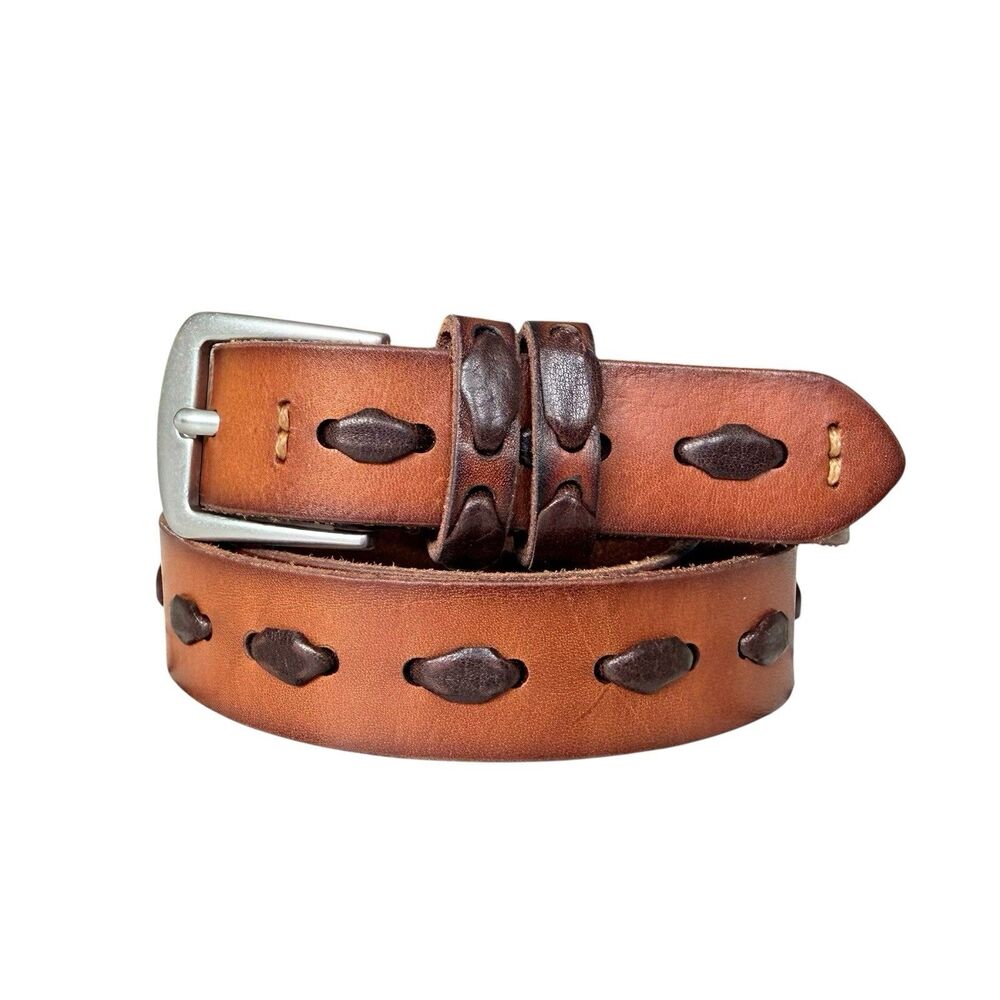 Frye Cognac Leather Belt Silver Buckle Womens Small Woven Detail Style 34DC053